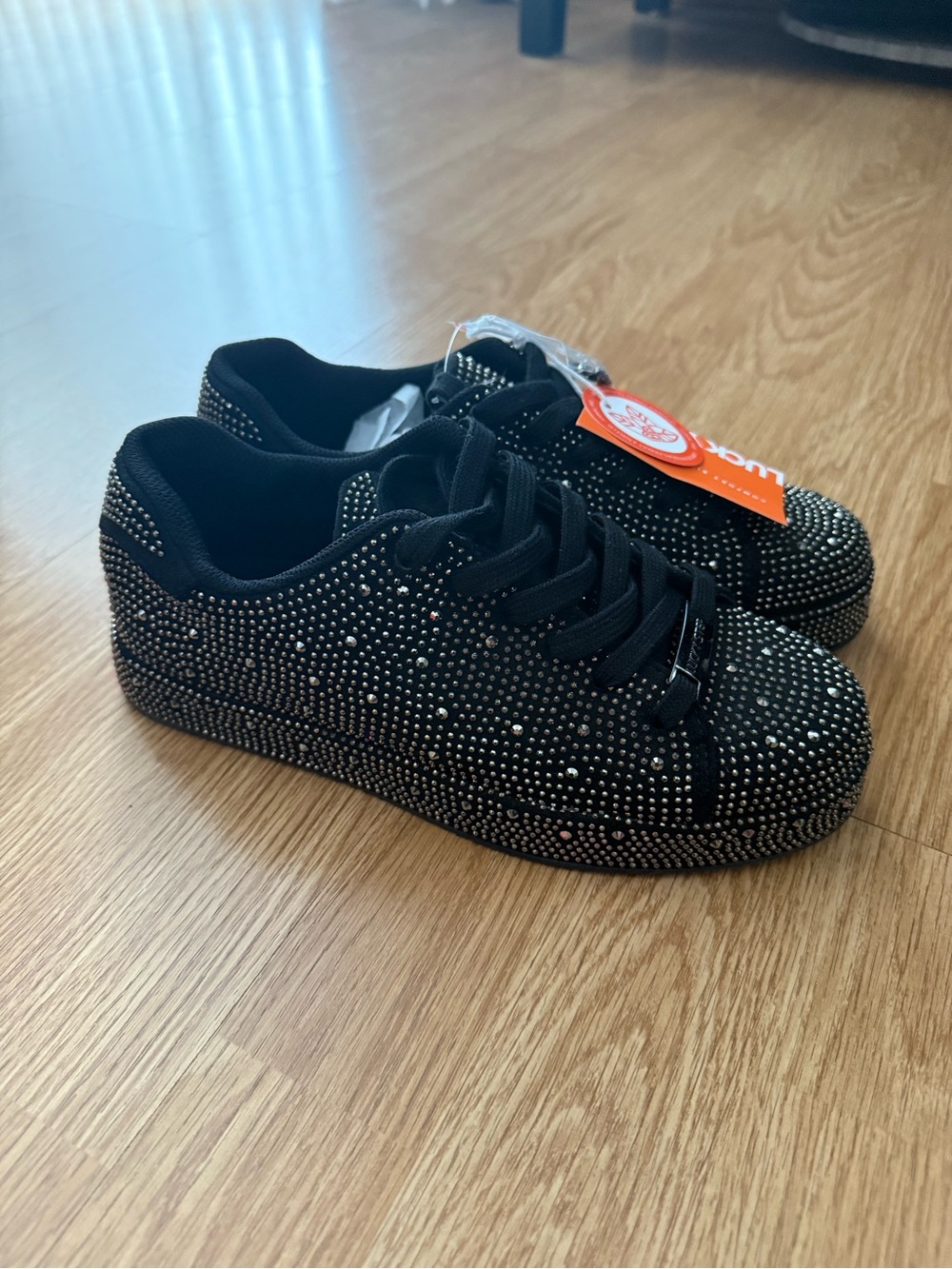 Lucky Step Black Rhinestone Lace-Up Sneakers